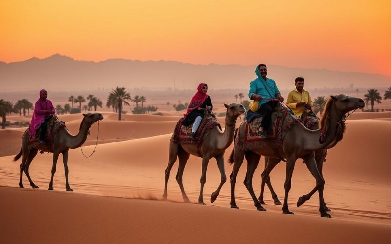 Ride a camel and admire the sunset in the desert