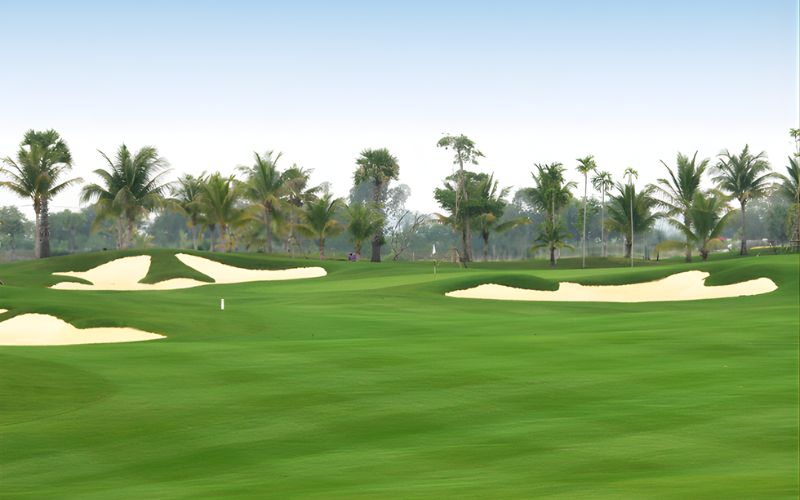Green fairway with white sand bunkers and rows of palm trees at Siem Reap Booyoung Country Club golf course under a clear sky.