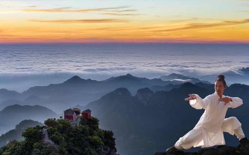Panoramic view of Taoist temples in the Wudang mountain range