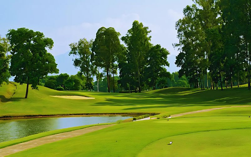 Scenic view of BRG Kings Island Golf Resort with lush green fairways, water hazards, and tall trees under a clear sky.