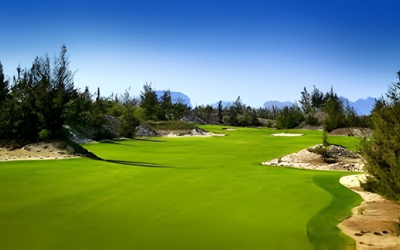 BRG Da Nang Golf Resort in Vietnam with bright green fairways, coastal dunes, and clear blue sky.
