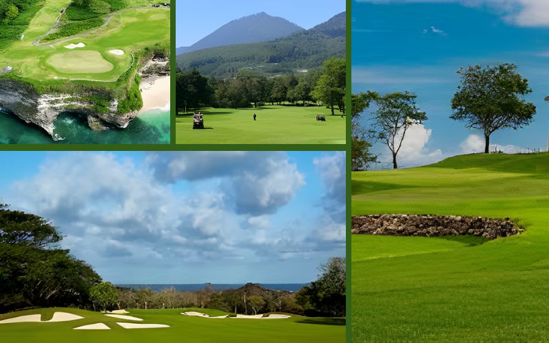 Collage of scenic golf courses in Bali featuring lush greens, tropical trees, and mountain backdrops.