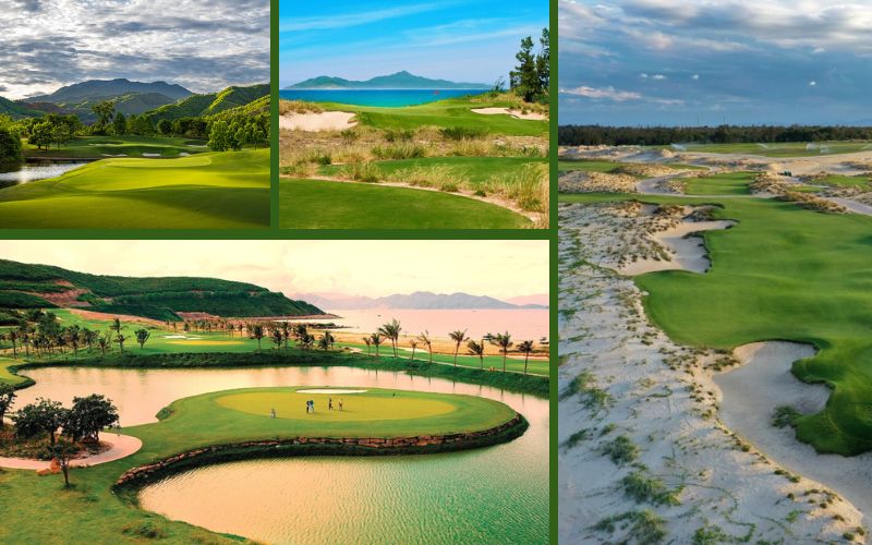 Collage of golf courses in Da Nang and Nha Trang, Vietnam featuring coastal views, lush greens, and mountain landscapes.