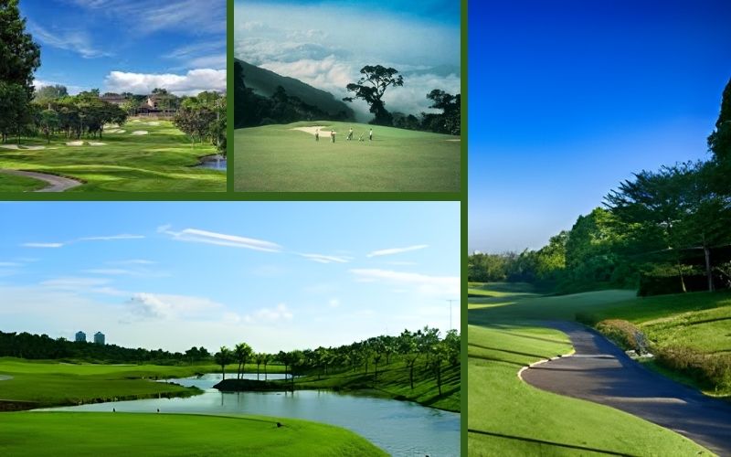 Collage of golf courses in Kuala Lumpur, Malaysia featuring green fairways, tropical landscapes, and tree-lined courses under clear skies.