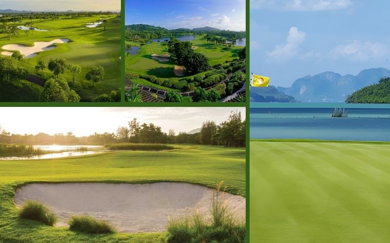 Collage of golf courses in Phuket, Thailand showcasing coastal fairways, lush greens, and scenic mountain backdrops