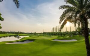 Long Bien Golf Club at sunset with palm trees, green fairways, and soft golden light over the course.