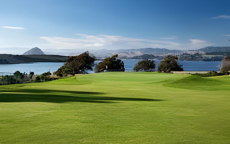 Sea Pines Golf Course featuring a lush green fairway overlooking the ocean, with trees along the edge and distant mountains under a partly cloudy sky.