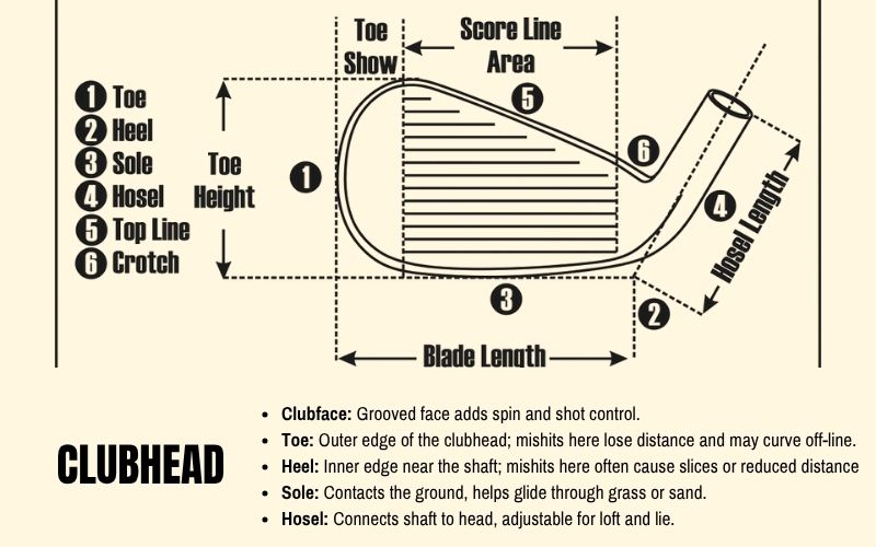 Diagram of a golf clubhead labeled with parts including toe, sole, heel, hosel, face height, crown line, blade length, and sweet spot, alongside measurement notes.