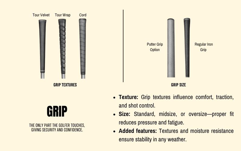 Diagram of different golf grip designs showing cord, round, and ribbed grips, with notes about texture, size, and added features affecting comfort, traction, and resistance.