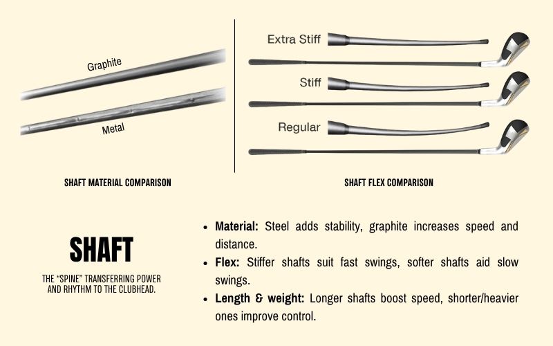 Diagram of golf shafts showing material types, flex options, and length effects on swing.