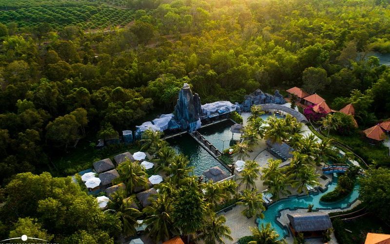 Aerial view of pools and lush forest surroundings at Binh Chau Hot Springs.