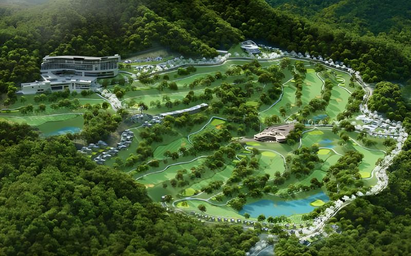 Aerial view of Gold Hill Country Club in Korea featuring rolling fairways, forested hills, and modern clubhouse buildings.