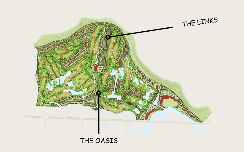 Map layout of KN Cam Ranh Golf Links in Vietnam, highlighting The Links and The Oasis courses in green with labeled areas.