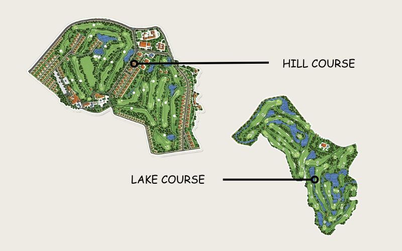 Map layout of Long Thanh Golf Resort in Dong Nai, showing the Hill Course and Lake Course areas highlighted in green with labeled sections