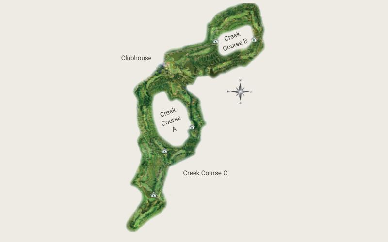 Map view of Majestic Creek Country Club displaying a green course layout with labeled fairways and water features, surrounded by natural terrain and designed in an elongated shape.