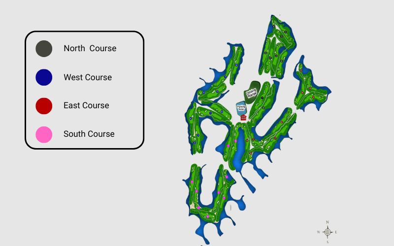 Map layout of Phoenix Gold Golf & Country Club showing three color-coded courses—North, West, and South—outlined in green fairways with surrounding water features and natural landscapes.