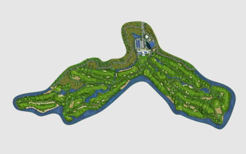 Map view of Royal Lakeside Golf Club showing an island-shaped course layout surrounded by water, featuring green fairways, bunkers, and water hazards integrated throughout the design.