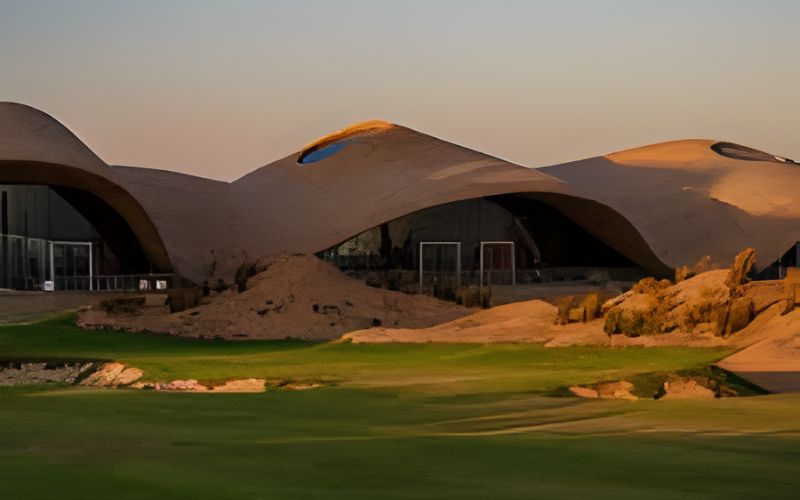 View of the Sindalah Golf Club in Neom, Saudi Arabia, showcasing its futuristic, desert-inspired architecture with undulating roofs against the vast desert landscape and green golf course.