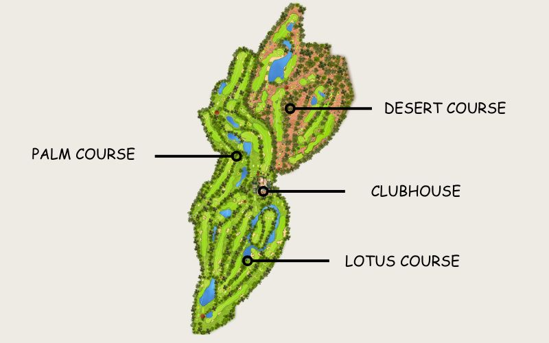Course layout map of Song Be Golf Resort in Binh Duong, illustrating the Palm, Desert, and Lotus courses along with the clubhouse area.
