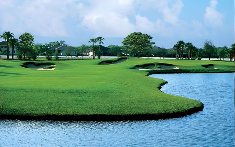 A wide view of Vinpearl Golf Leman featuring lush green fairways, curved water hazards, and a clubhouse framed by palm trees under a clear sky.