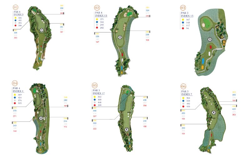 Layout map of Vinpearl Golf Nha Trang, showing different golf holes with fairways, greens, and yardage details.