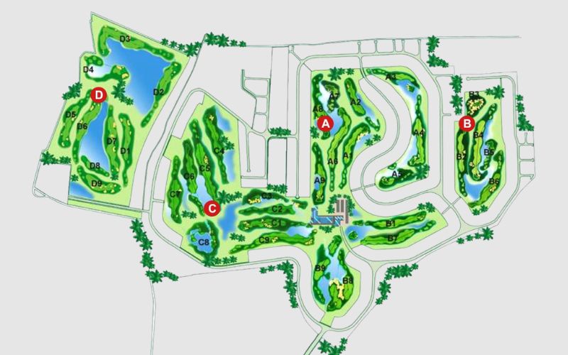 Map layout of Windsor Park Golf Club showing green fairways, course sections, and water features arranged across the property.