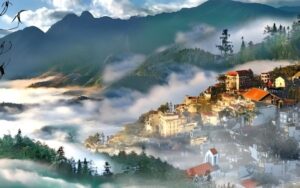 Sapa in misty mountain in Vietnam