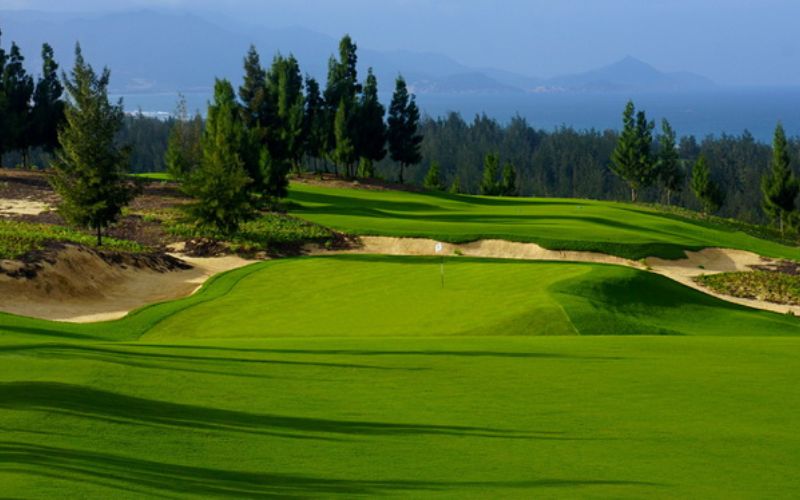 Mountain Course at FLC Golf Links Quy Nhon with rolling fairways, sand bunkers, and pine-covered hills overloading the coastline