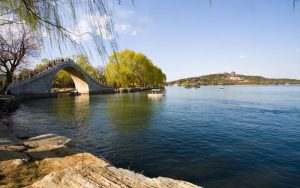 Kunming Lake with a stone arch bridge, willow trees, and calm blue water.