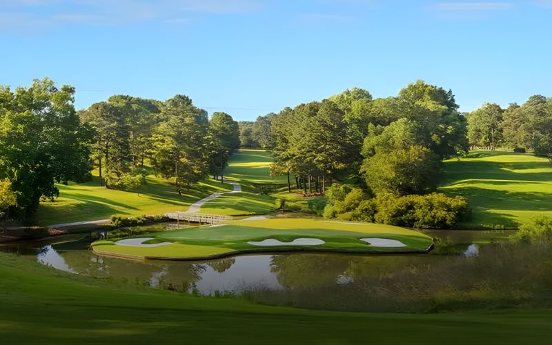 Nandaihe Forest Golf Club course featuring a lush green fairway, water hazard with reflective surface, and tree-lined landscape under clear daylight.