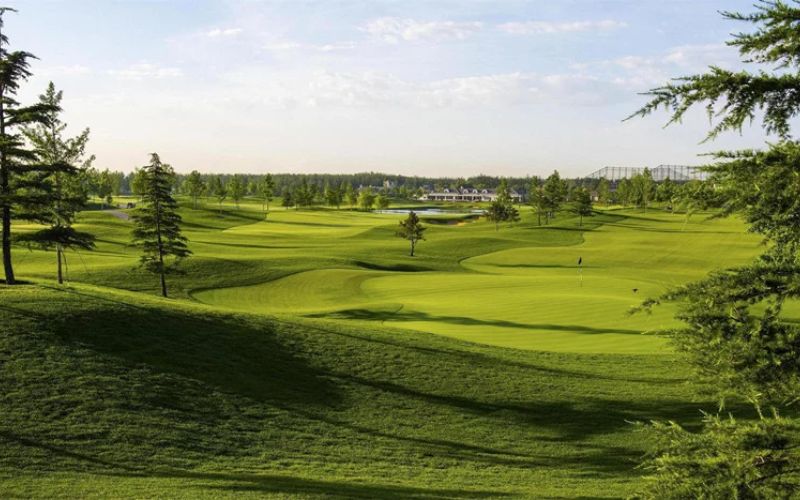 Wide championship fairway lined with trees at Pine Valley Golf Resort and Country Club, featuring rolling terrain and pristine greens under bright daylight.